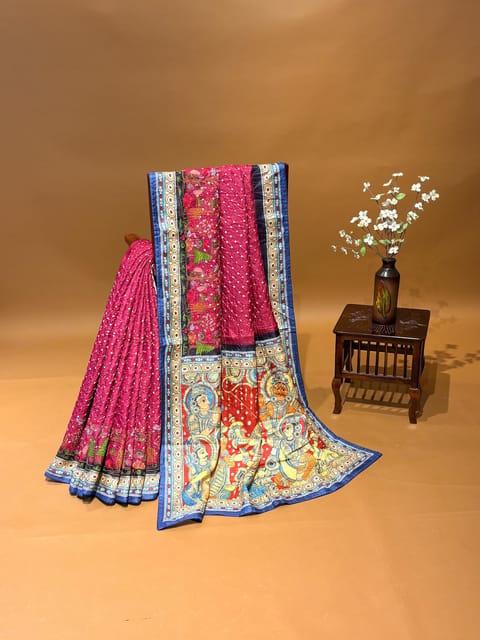 Maroon Pure Handloom Tussar Bandhini Saree with Embroidery and Kalamkari Printed Border