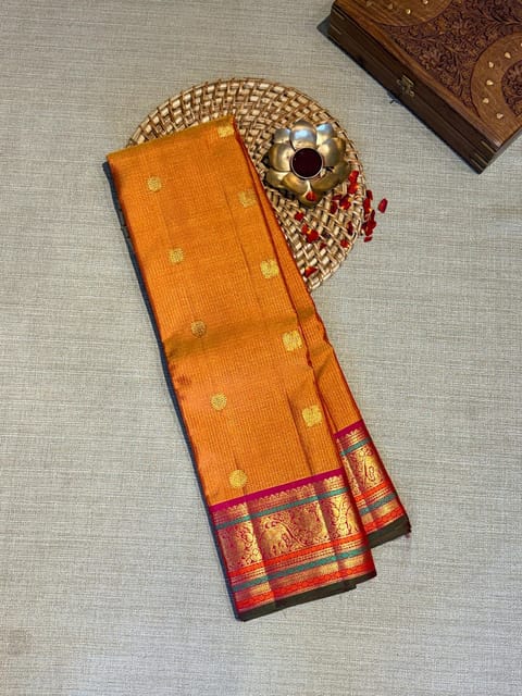 Mustard & Pink Dual Tone Vaira Oosi Checks Vintage Kanjeevaram Saree with Meenakari Borders