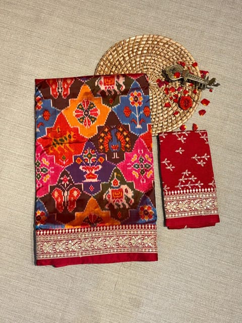 Multi Colour and Multi Figure Ikkath Patola Saree Fusioned with Sabyasachi Style Borders and Blouse