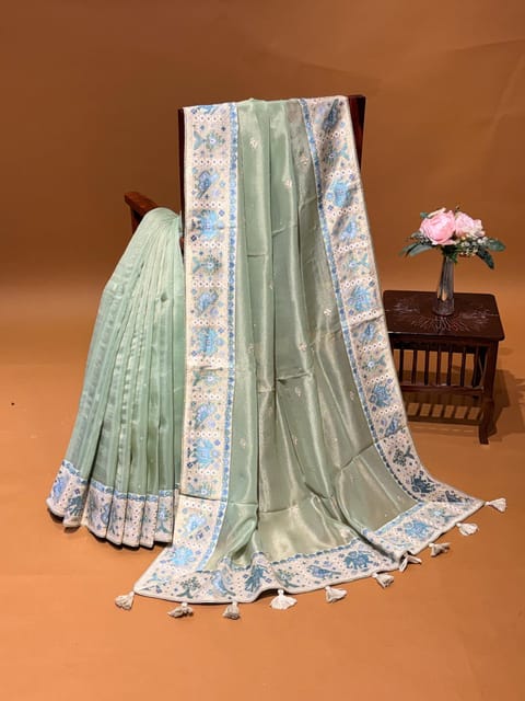Mint Green Banarasi Tissue Georgette Saree with Patola Inspired Embroidered Banarasi Border