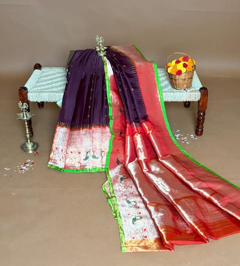Coffee Brown Pure Handloom Gadwal Saree with Tissue Turning Border