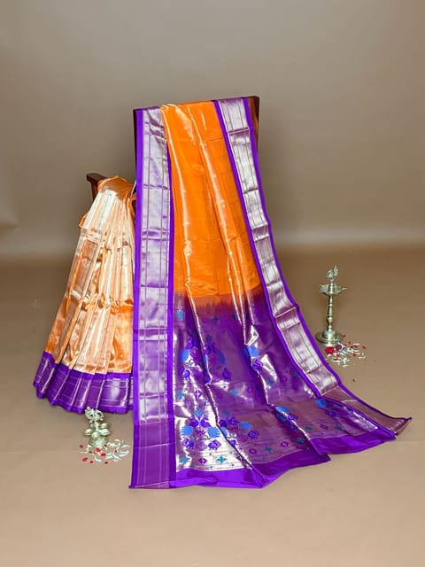 Orange Paithani Tissue Saree with Traditional Contrast Borders and Pallu