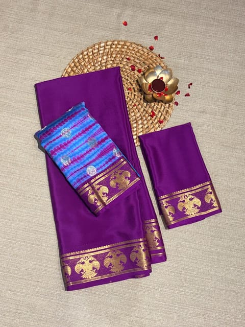 Magenta Purple Mysore Crepe Saree with Gandaberunda Borders &fusion Blouse