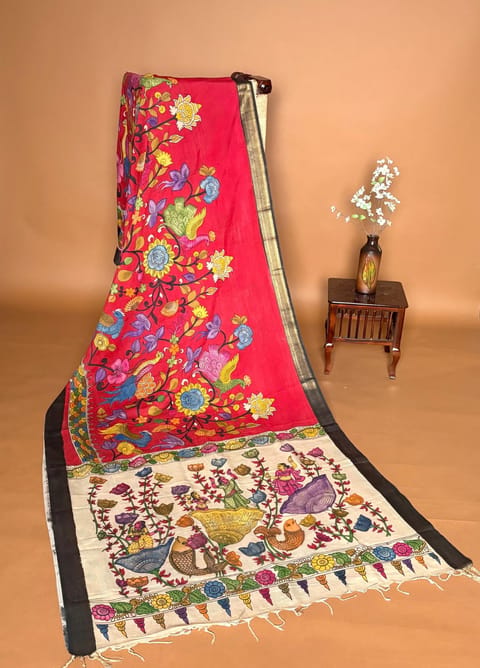 Red Pen Kalamkari Handloom Silk Cotton Saree