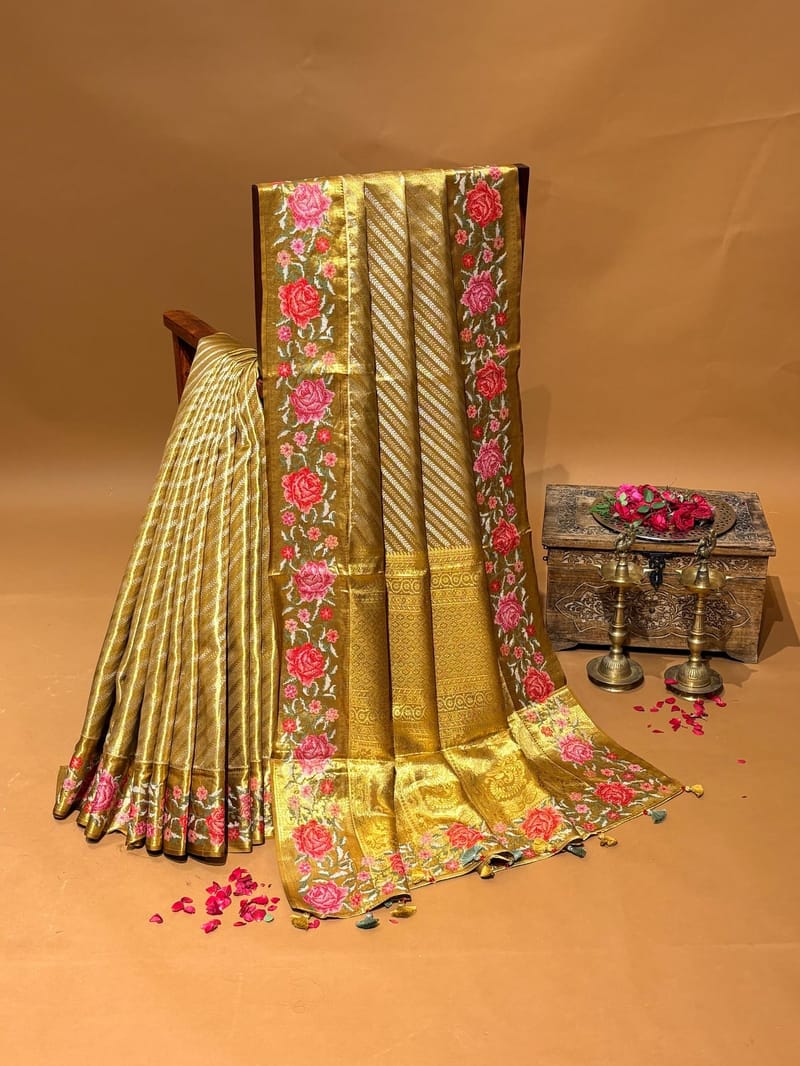 Molten Gold Kanjeevaram Tissue Saree with Petite Point Embroidered Border