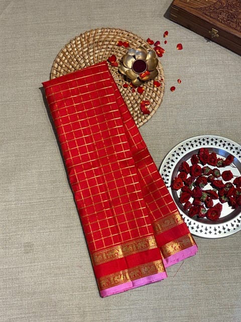 Chilli Red Vintage Checks Kanjeevaram Saree with Gap Borders