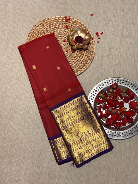 Dark Brick Red Vintage Korvai Kanjeevaram Saree with Purpleheavy Borders