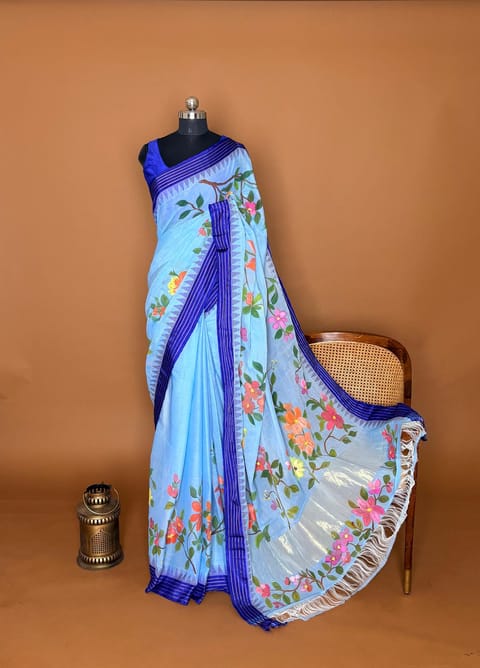 Evening Sky Blue Handpainted Ponduru Khadi Saree