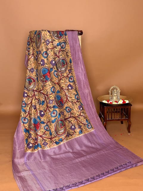 Chickoo Brown & Mauve Combo Hand Drawn and Handpainted Kanjeevaram Kalamkari Saree