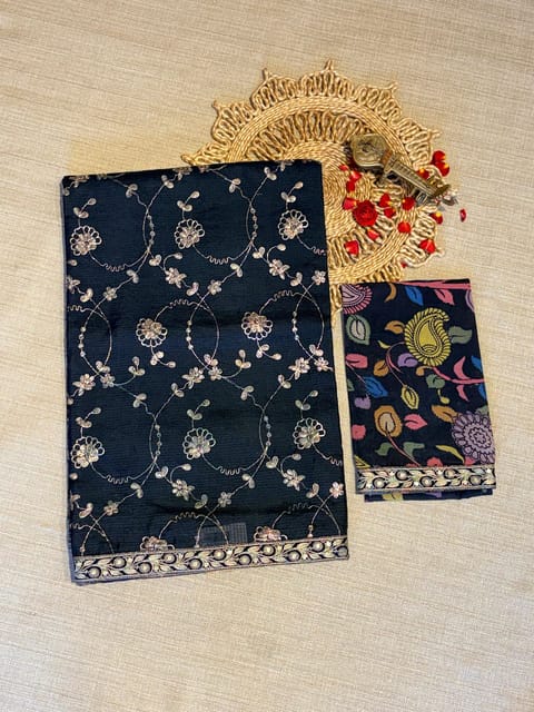 Charcoal Black Tussar Kota & Pen Kalamkari Fusion Saree with Pita Embroidery