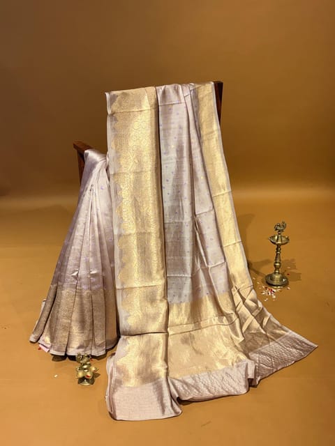 Nude Pink Banarasi Puna Silk Saree with Kaduwa Weaving Heavy Mashru Borders and Hand Done Bandhej