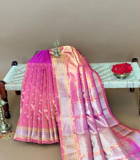 Pink Allover Tissue Gadwal Saree with Closely Woven Motifs