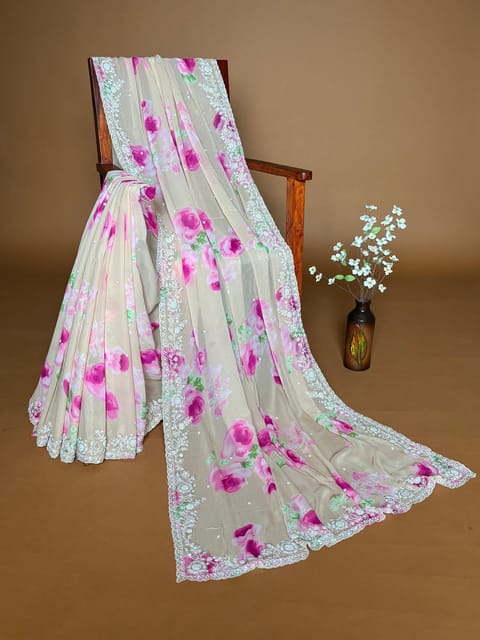 Nude Brown Pure Georgette Floral Printed Saree with Handwork Borders