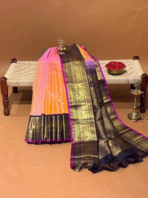 Peach Pink & Chocolate Brown Combo Vintage Gadwal Kanchi Saree