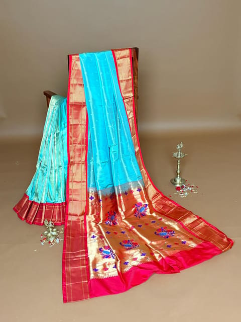 Teal Paithani Tissue Saree with Traditional Contrast Borders and Pallu