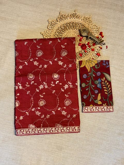 Maroon Tussar Kota & Pen Kalamkari Fusion Saree with Pita Embroidery