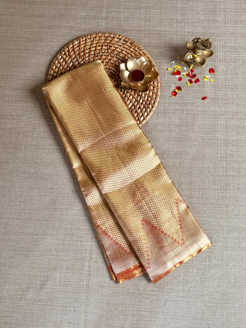 Orangish Red Undertone Gold Twill Tissue Kanjeevaram Saree with Temple Border