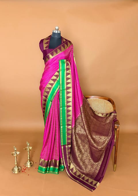 Rani Pink Premium Mysore Crepe Saree with Dual Colors Borders