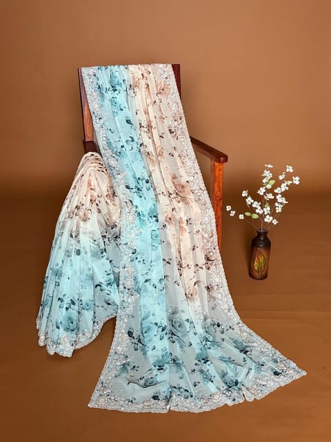 Ombre Dyed Pure Georgette Floral Printed Saree with Handwork Borders