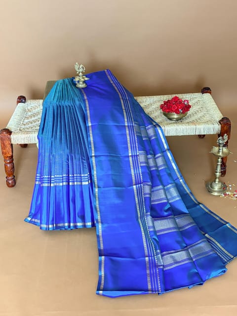 Peacock Blue Dual Tone Vintage Checks Kanjeevaram Saree with Gap Borders
