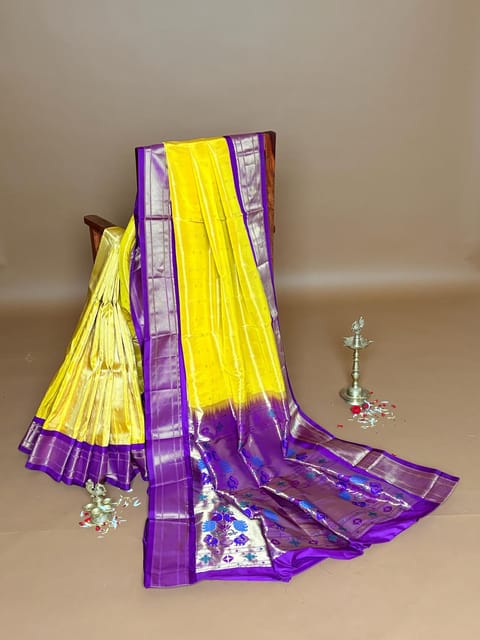 Mango Yellow Paithani Tissue Saree with Traditional Contrast Borders and Pallu
