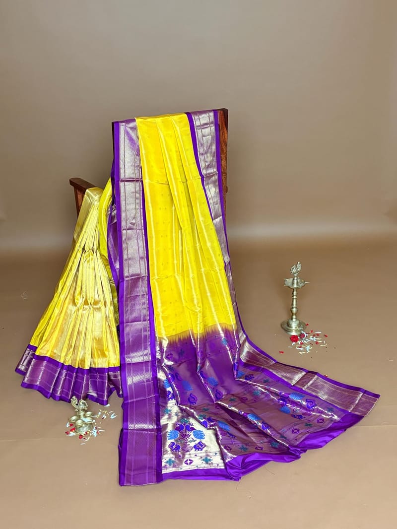 Mango Yellow Paithani Tissue Saree with Traditional Contrast Borders and Pallu