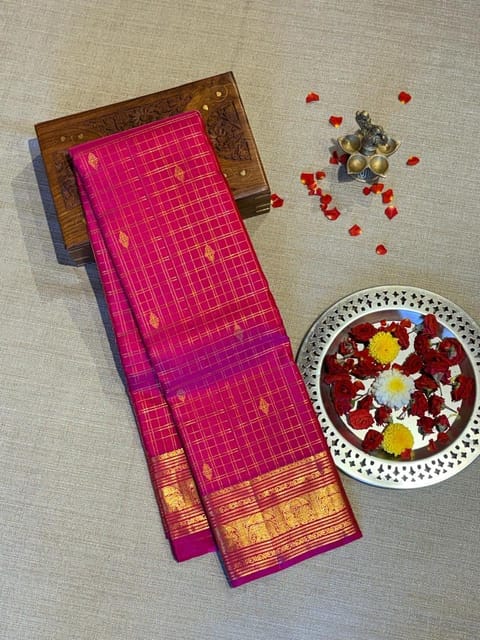 Rani Pink Vintage Checks Kanjeevaram Saree in Monotone Look
