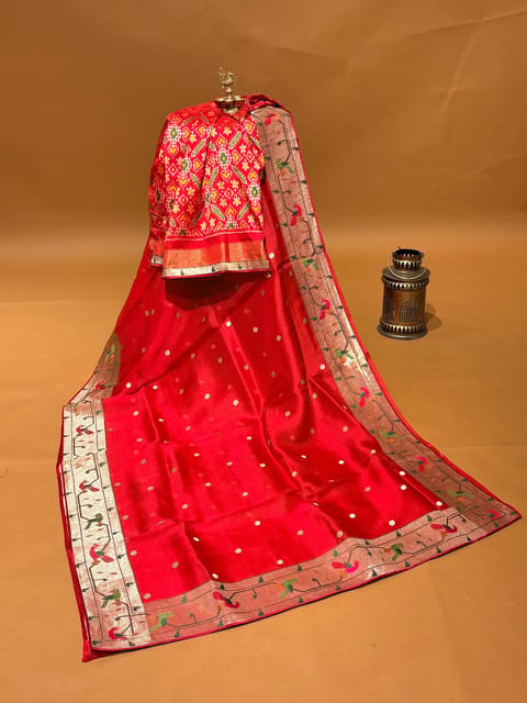 Red Pure Organza Saree with Paithani Inspired Parrot Peacock Embroidered Border