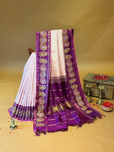 Pastel Pink and Purple Combo Vintage Checks Kanjeevaram Saree with Tanjore Painting