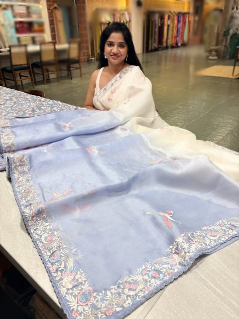Half White and Blue Ombre Dyed Pure Organza Saree with Parsi Gara Style Embroidery