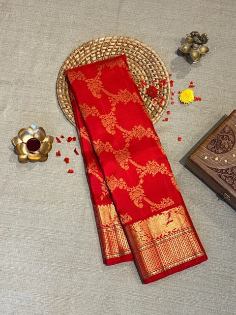 Chilli Red Designer Kanjeevaram Saree with Allover Jaal Weaving
