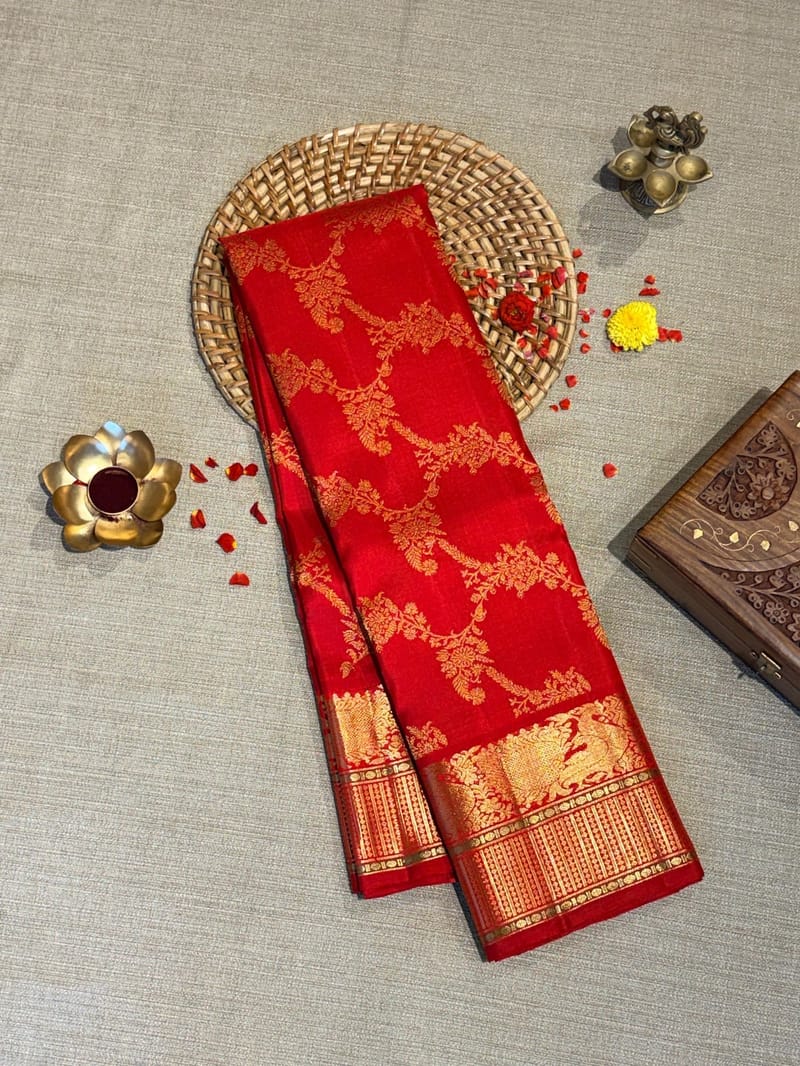 Chilli Red Designer kanjeevaram saree with allover jaal weaving