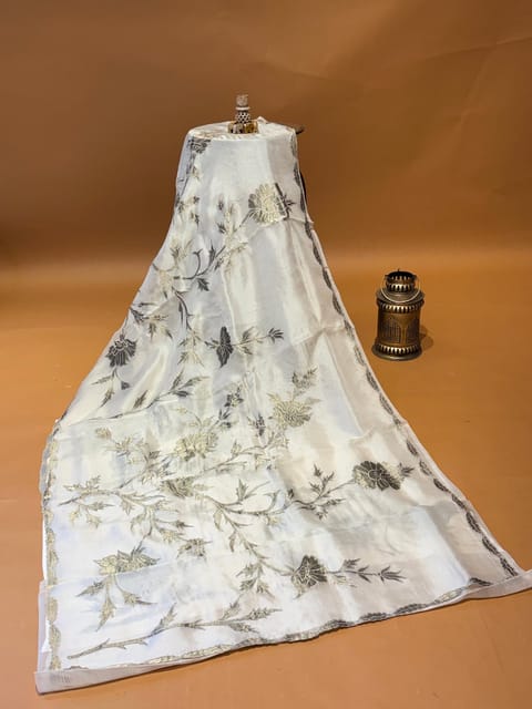 Earthy Tone Pure Organza Saree with Allover Tissue Floral Applique