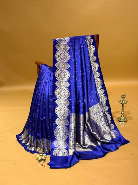Royal Blue Banarasi Puna Silk Saree with Kaduwa Weaving Heavy Mashru Borders and Hand Done Bandhej