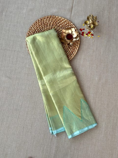 Sea Blue with Gold Undertone Twill Tissue Kanjeevaram Saree with Temple Border
