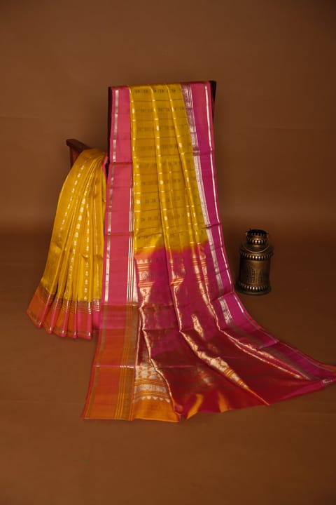 Yellow and Pink Pure Handloom Venkatagiri Saree