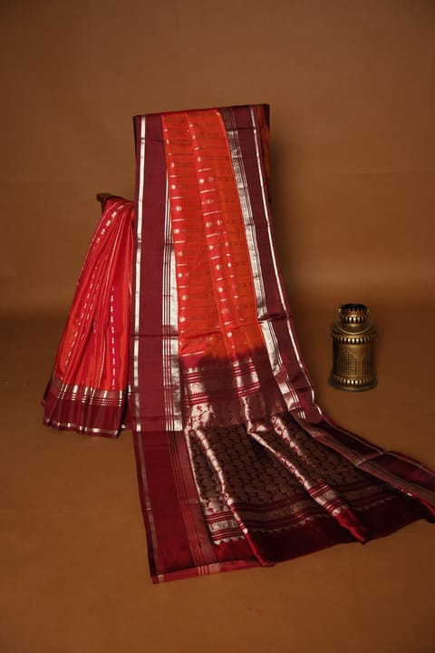 Rust Orange and Maroon Pure Handloom Venkatagiri Saree
