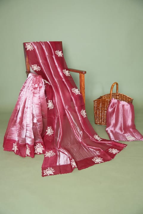 Maroon Banarasi Tissue with Organza Embroidered Border