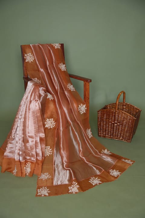 Rust Orange Banarasi Tissue with Organza Embroidered Border