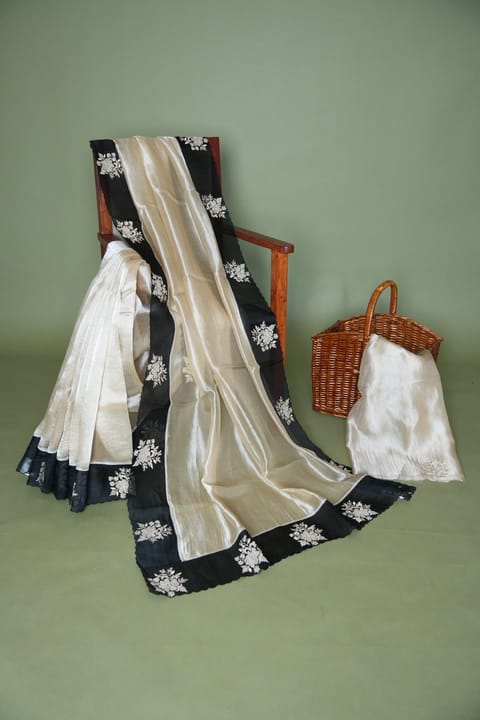 Beige Gold Banarasi Tissue with Organza Embroidered Border