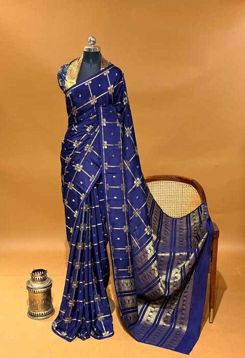 Midnight Blue Vintage Checks Mysore Crepe Saree with Fusion Kanchi Kalamakri Blouse