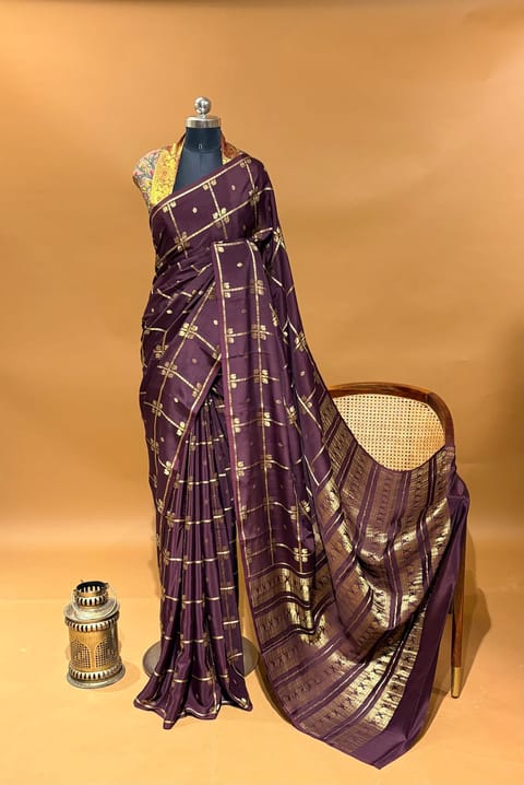 Brown Vintage Checks Mysore Crepe Saree with Fusion Pure Silk Kanchi Kalamakri Blouse