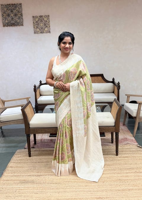Sage Green Designer 3d Style Printed Kanjeevaram Soft Silk Saree with Temple Weaving Border