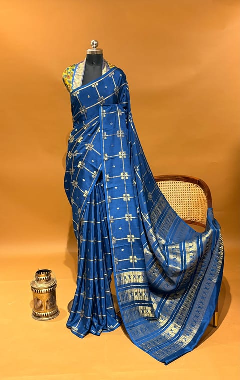 Peacock Blue Vintage Checks Mysore Crepe Saree with Fusion Pure Silk Kanchi Kalamakri Blouse