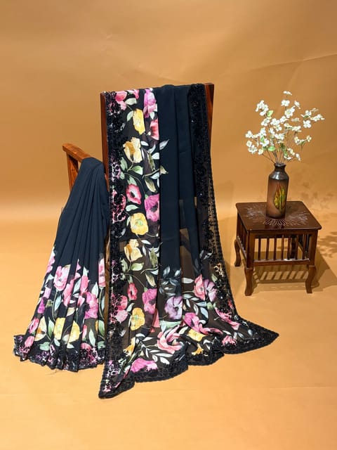 Black Georgette Saree with Handwork Border and Floral Printed Skirt Border And