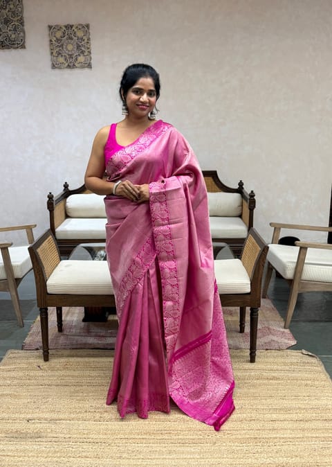 Rani Pink Twill Kanjeevaram Saree with Silver Zari Weaving