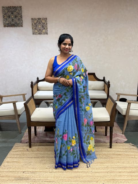 Evening Sky Blue Handpainted Ponduru Khadi Saree