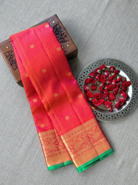 Pink & Orange Dual Tone Vintage Checks Kanjeevaram Saree with Gap Borders