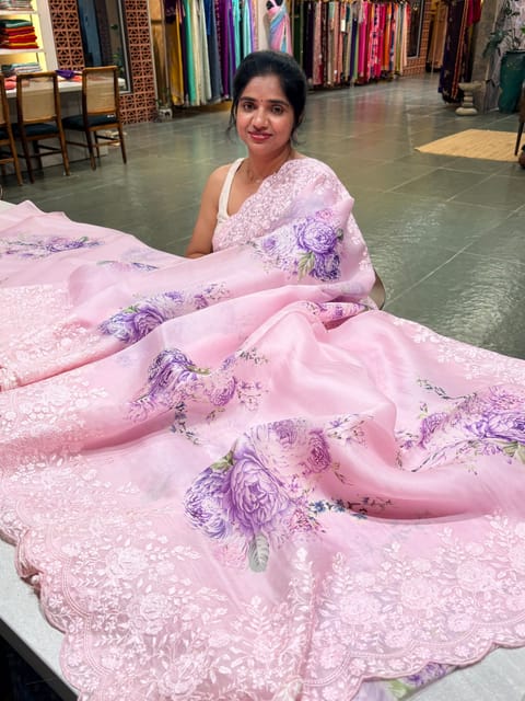 Baby Pink Pure Organza Floral Printed Saree with Chantilly Lace Style Embroidery