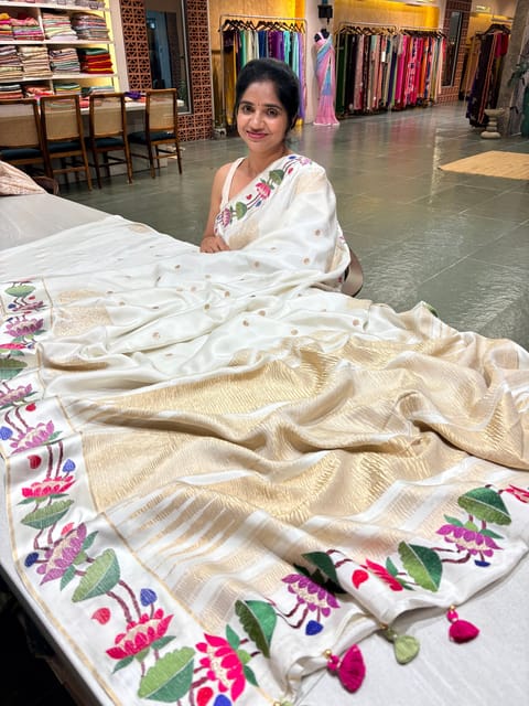 Half White Deaigner Mysore Silk Saree with Paithani Inspired Embroidery